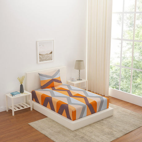Nilkamal Geometric Polyester Single Bedsheet with 1 Pillow Cover (Orange & Blue)