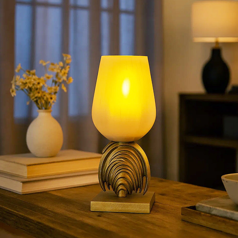 Decorative Hurricane Glass Candle Holder with Metal Arch Holder Small- Cream and Gold