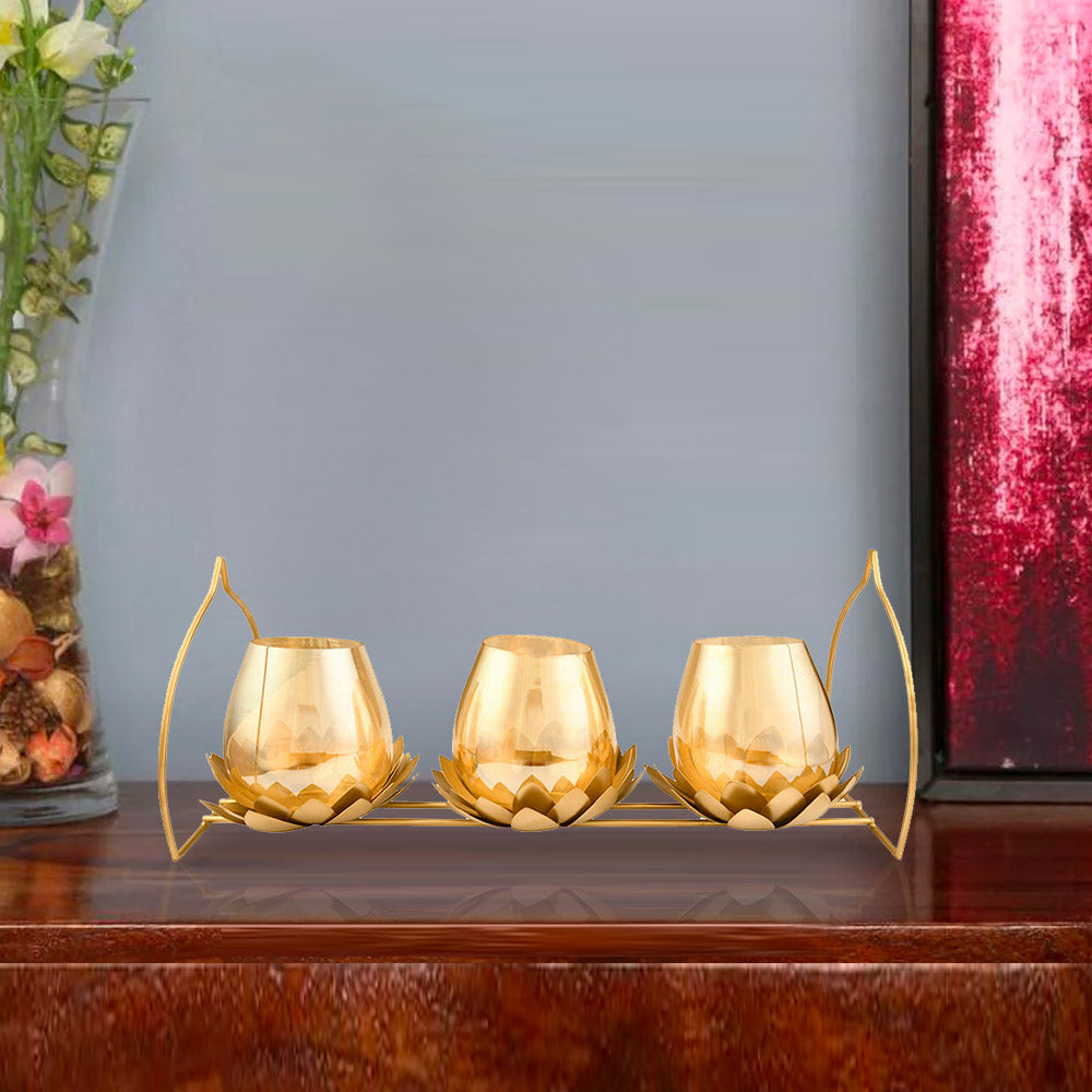 Trio Lotus Metal & Glass Candle Holder (Gold)