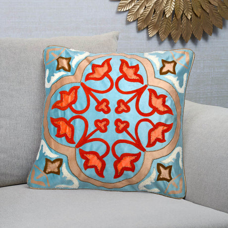 Nilkamal Embroidered Polyester 16" x 16" Cushion Cover (Blue & Orange)