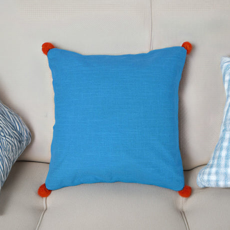 Nilkamal Solid Cotton 16 X 16 Pom Pom Cushion Cover Blue Green