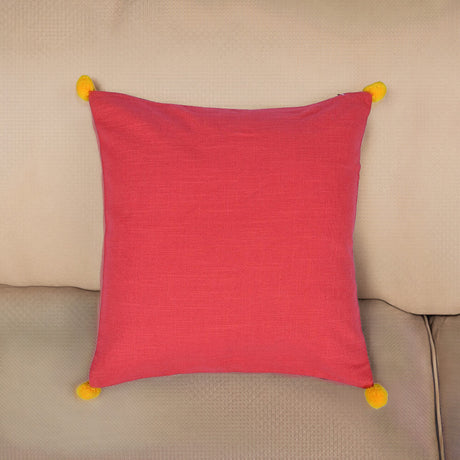 Nilkamal Solid Cotton 16 X 16 Pom Pom Cushion Cover Maroon Red