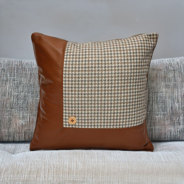 Nilkamal Houndstooth Patch Fabric And Leatherette 16 X 16 Cushion Cover Beige Tan