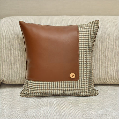 Nilkamal Houndstooth With Solid Patch Fabric Leatherette 16 X 16 Cushion Cover Beige Tan