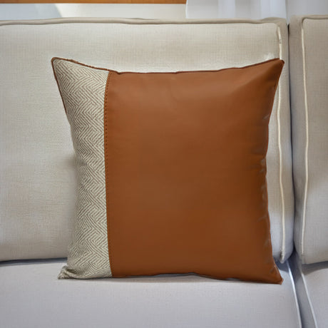Nilkamal Abstract Fabric & Leatherette 16' x 16' Cushion Cover (Beige & Brown) - 01