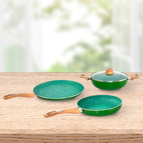 Nilkamal Arias by Lara Dutta Non-Stick Fry Pan With Dosa Tawa and Kadhai With Lid Set of 3 (Emerald)