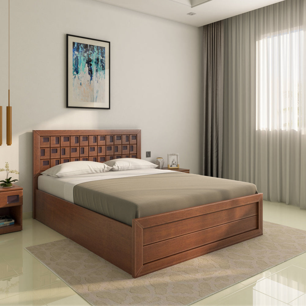 Hedron Queen Bed with Hydraulic Storage- Antique Cherry