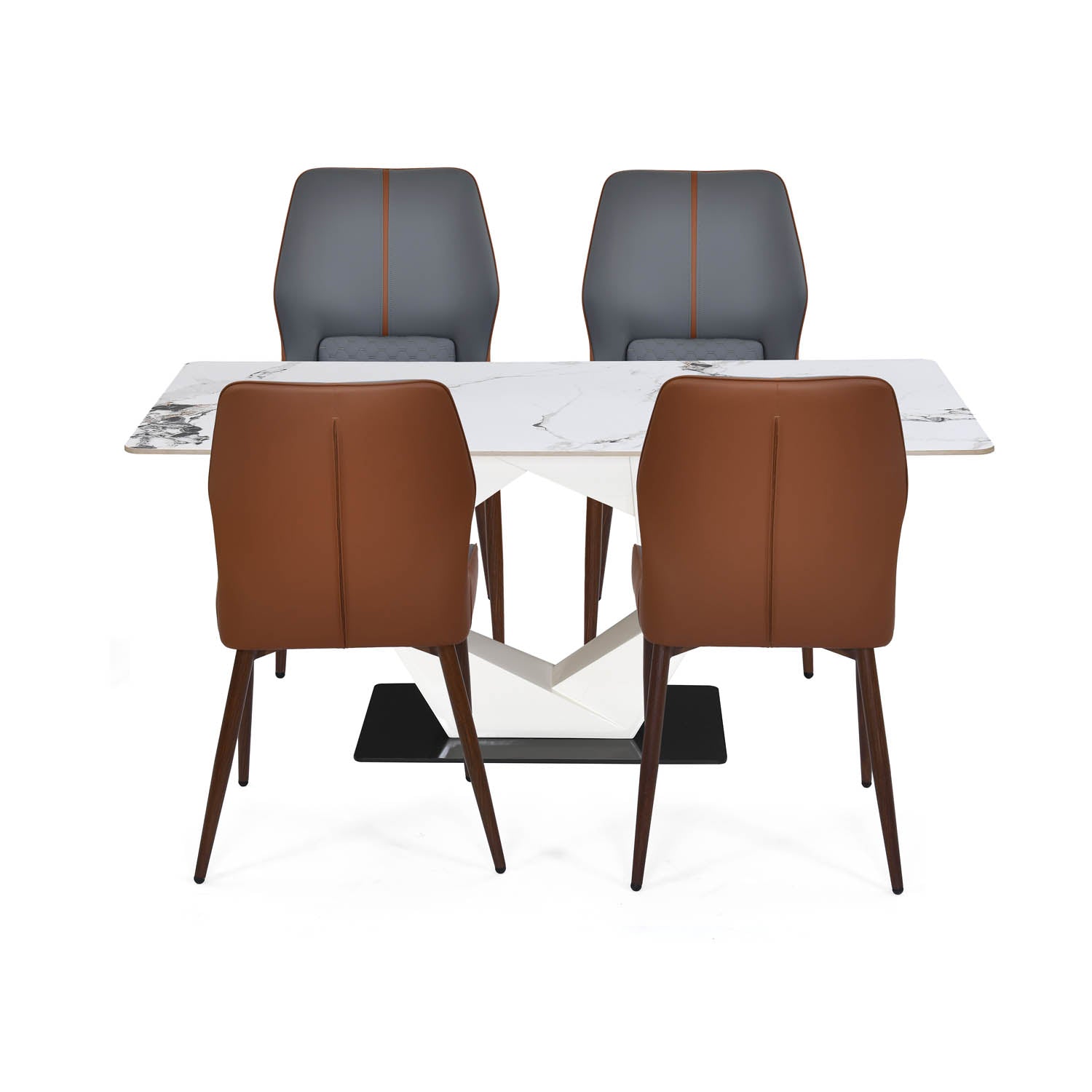 4 Seater Allune Ceramic Dining Set with Hexin Base and Ellipse Chairs- Ash White