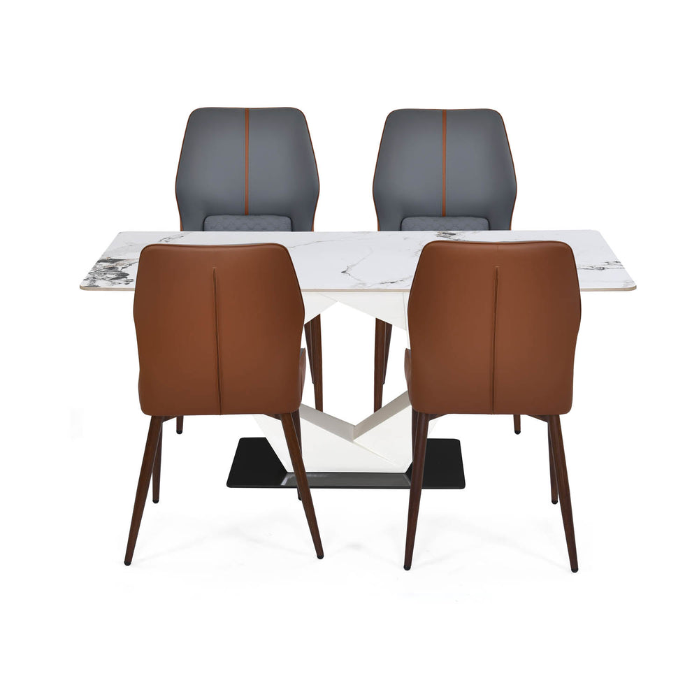 4 Seater Alune Ceramic Dining Set with Hexin Base and Ellipse Chairs- Ash White
