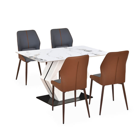 4 Seater Allune Ceramic Dining Set with Hexin Base and Ellipse Chairs- Ash White