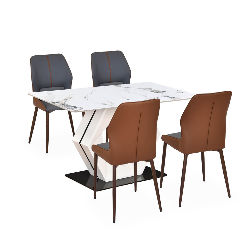 4 Seater Alune Ceramic Dining Set with Hexin Base and Ellipse Chairs- Ash White