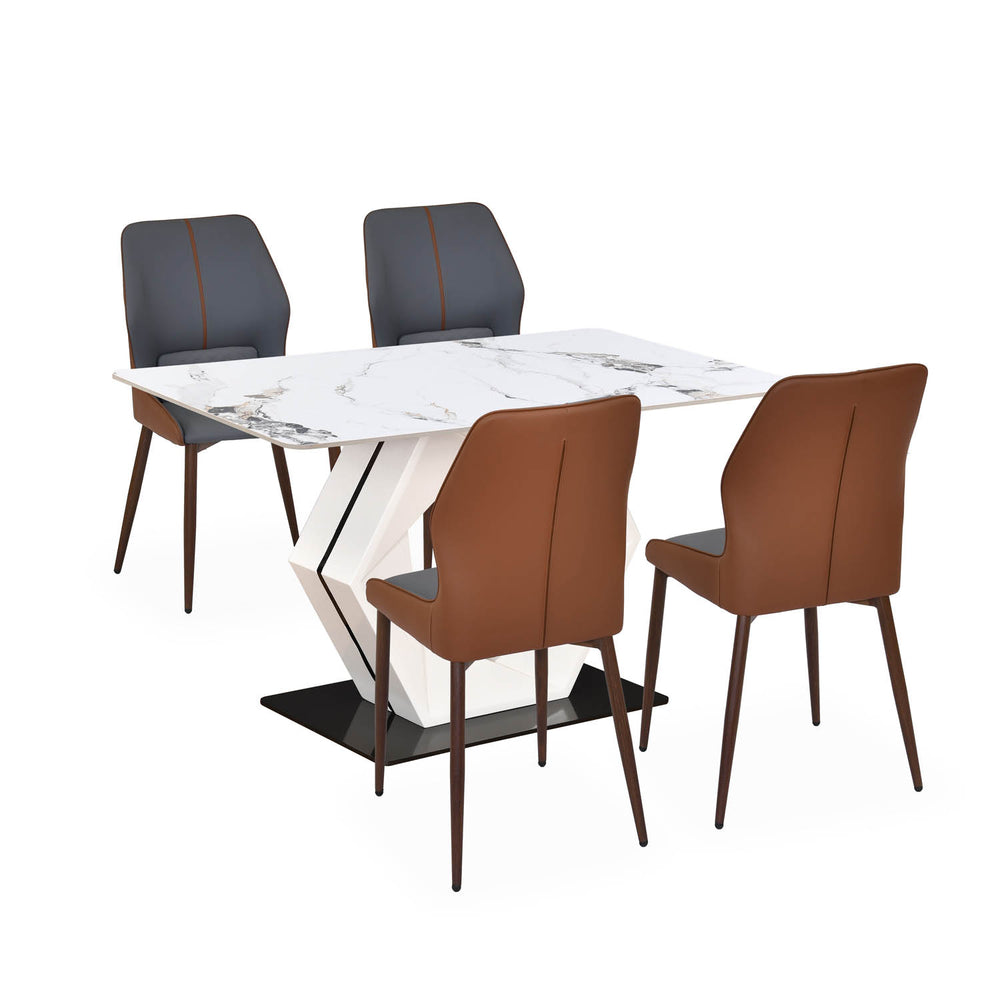 4 Seater Alune Ceramic Dining Set with Hexin Base and Ellipse Chairs- Ash White