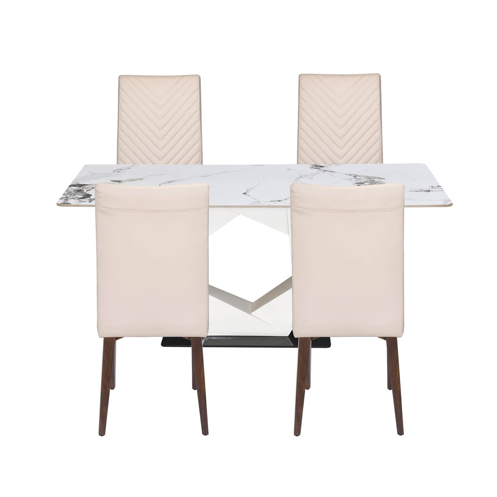 4 Seater Alune Ceramic Dining Set with Hexin Base and Linzy Chairs- Ash White