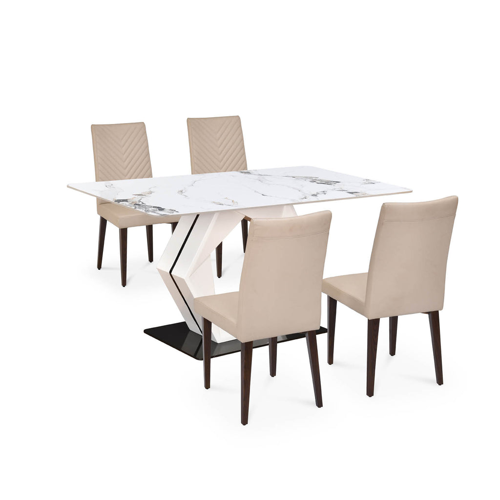 4 Seater Alune Ceramic Dining Set with Hexin Base and Linzy Chairs- Ash White