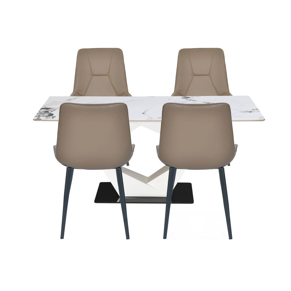 4 Seater Allune Ceramic Dining Set with Hexin Base and Nivo Chairs- Ash White