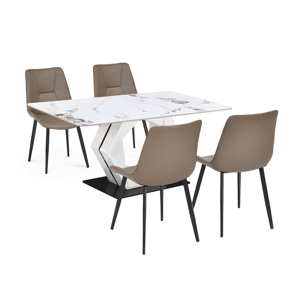 4 Seater Alune Ceramic Dining Set with Hexin Base and Nivo Chairs- Ash White