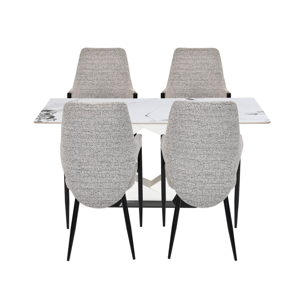 4 Seater Alune Ceramic Dining Set with Hexin Base and Tierra Chairs- Ash White