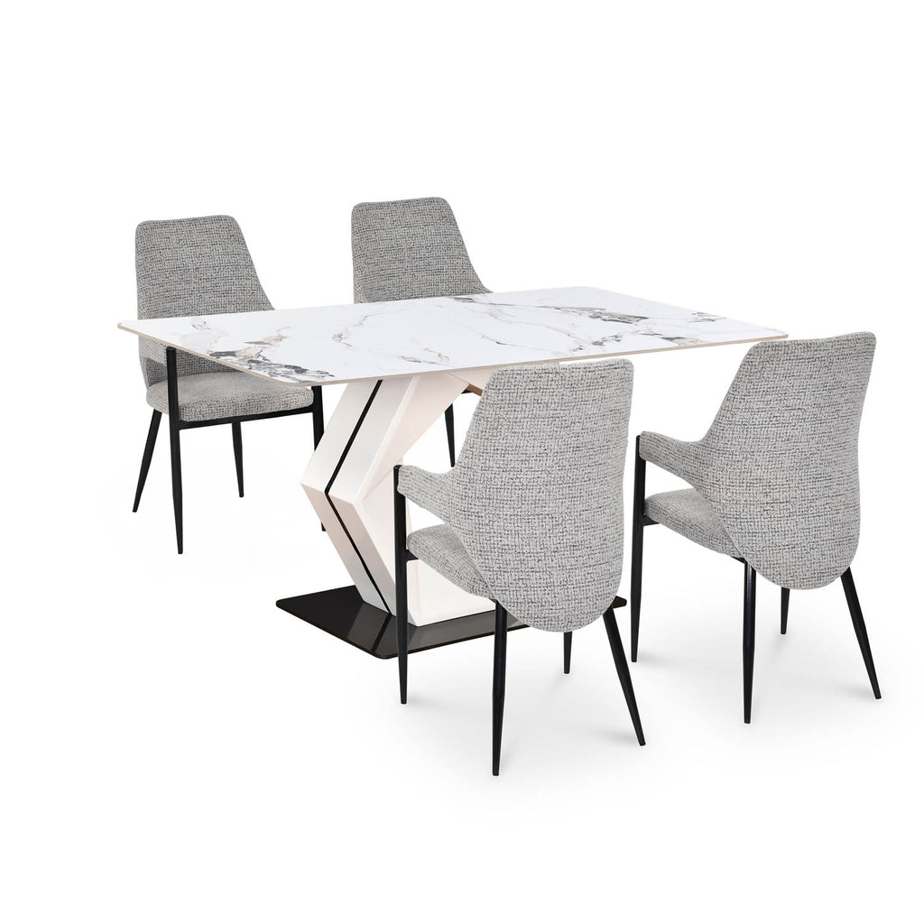 4 Seater Alune Ceramic Dining Set with Hexin Base and Tierra Chairs- Ash White
