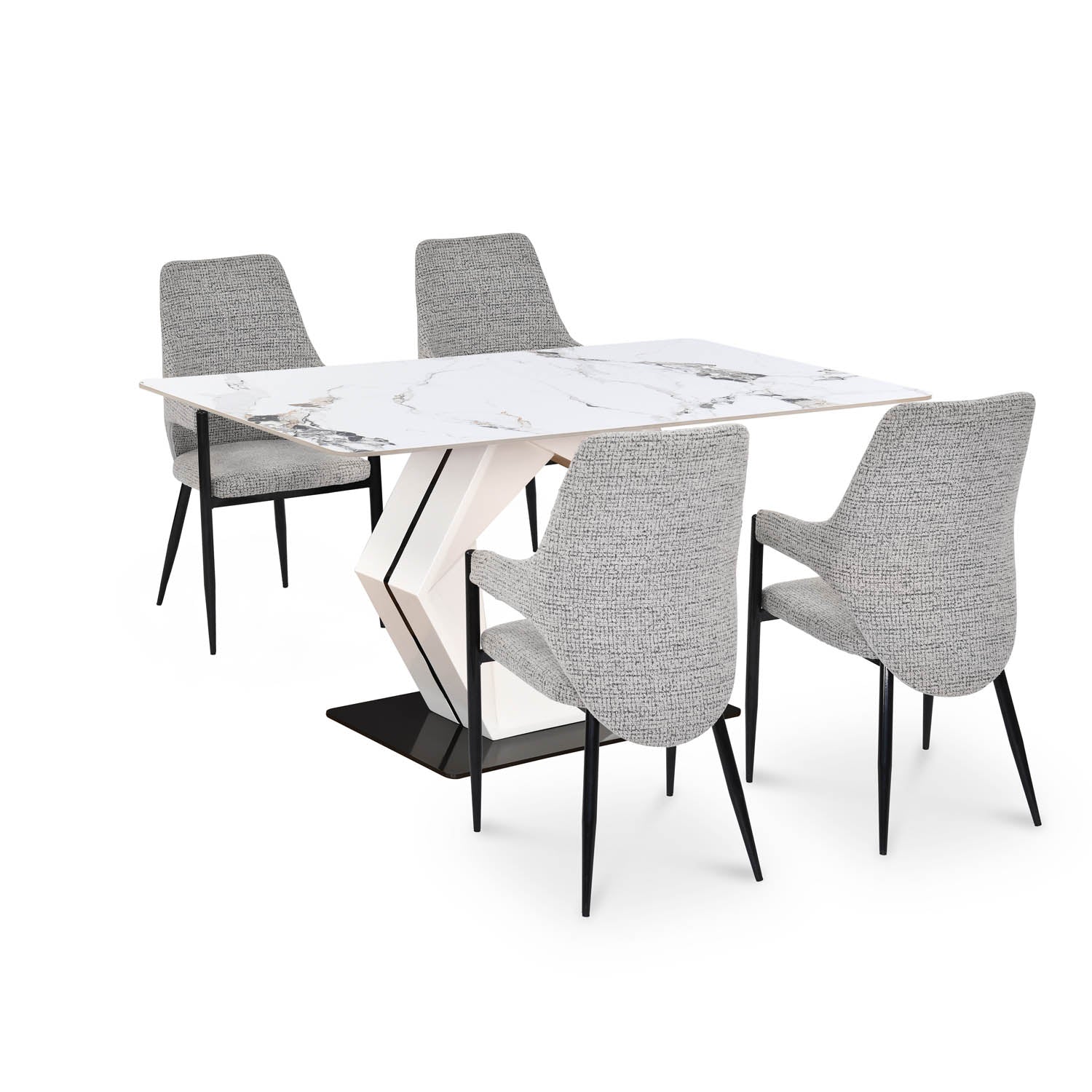 4 Seater Allune Ceramic Dining Set with Hexin Base and Tierra Chairs- Ash White