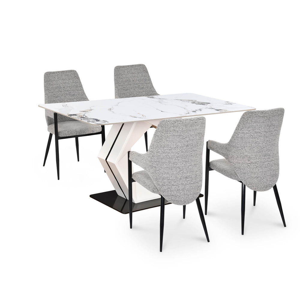 4 Seater Alune Ceramic Dining Set with Hexin Base and Tierra Chairs- Ash White