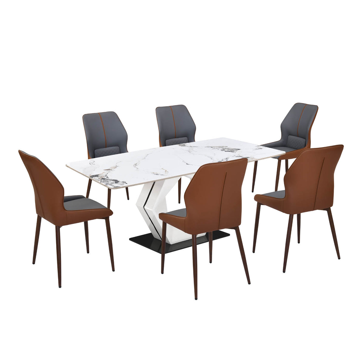 6 Seater Allune Ceramic Dining Set with Hexin Base and Ellipse Chairs- Ash White
