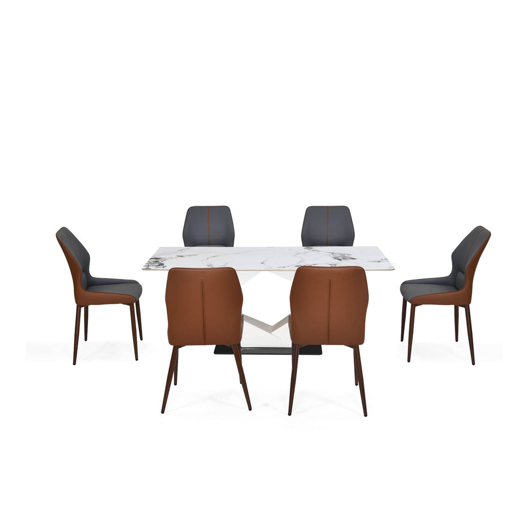 6 Seater Alune Ceramic Dining Set with Hexin Base and Ellipse Chairs- Ash White