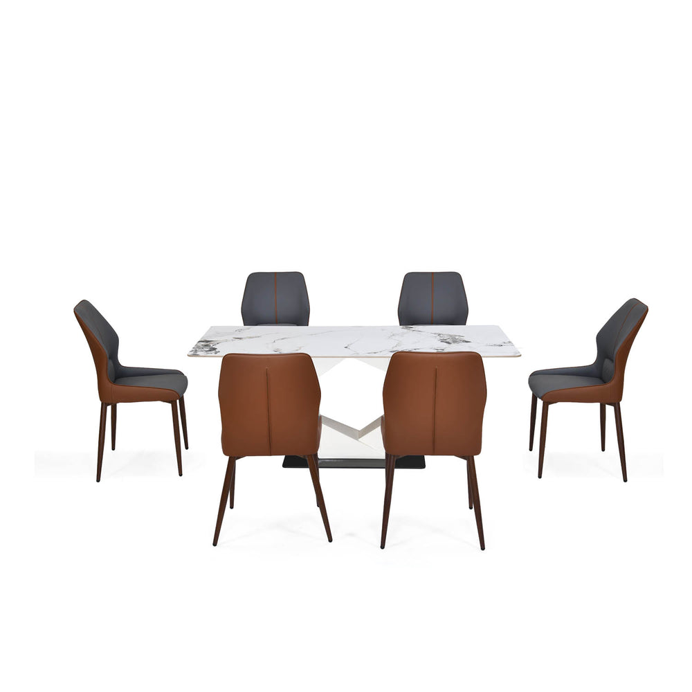 6 Seater Alune Ceramic Dining Set with Hexin Base and Ellipse Chairs- Ash White