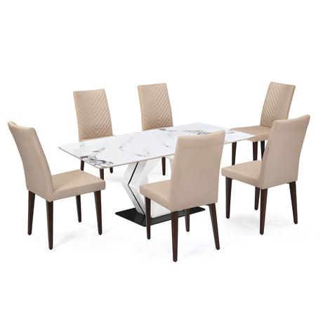 6 Seater Allune Ceramic Dining Set with Hexin Base and Linzy Chairs- Ash White