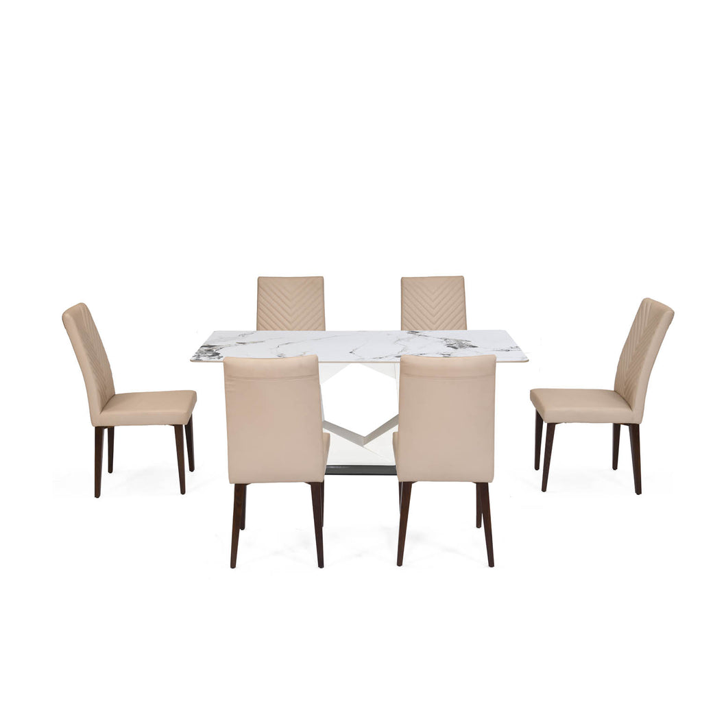 6 Seater Alune Ceramic Dining Set with Hexin Base and Linzy Chairs- Ash White