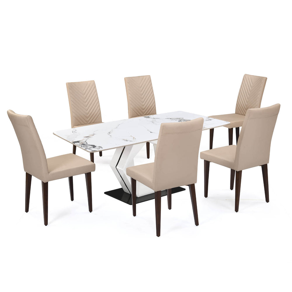 6 Seater Alune Ceramic Dining Set with Hexin Base and Linzy Chairs- Ash White