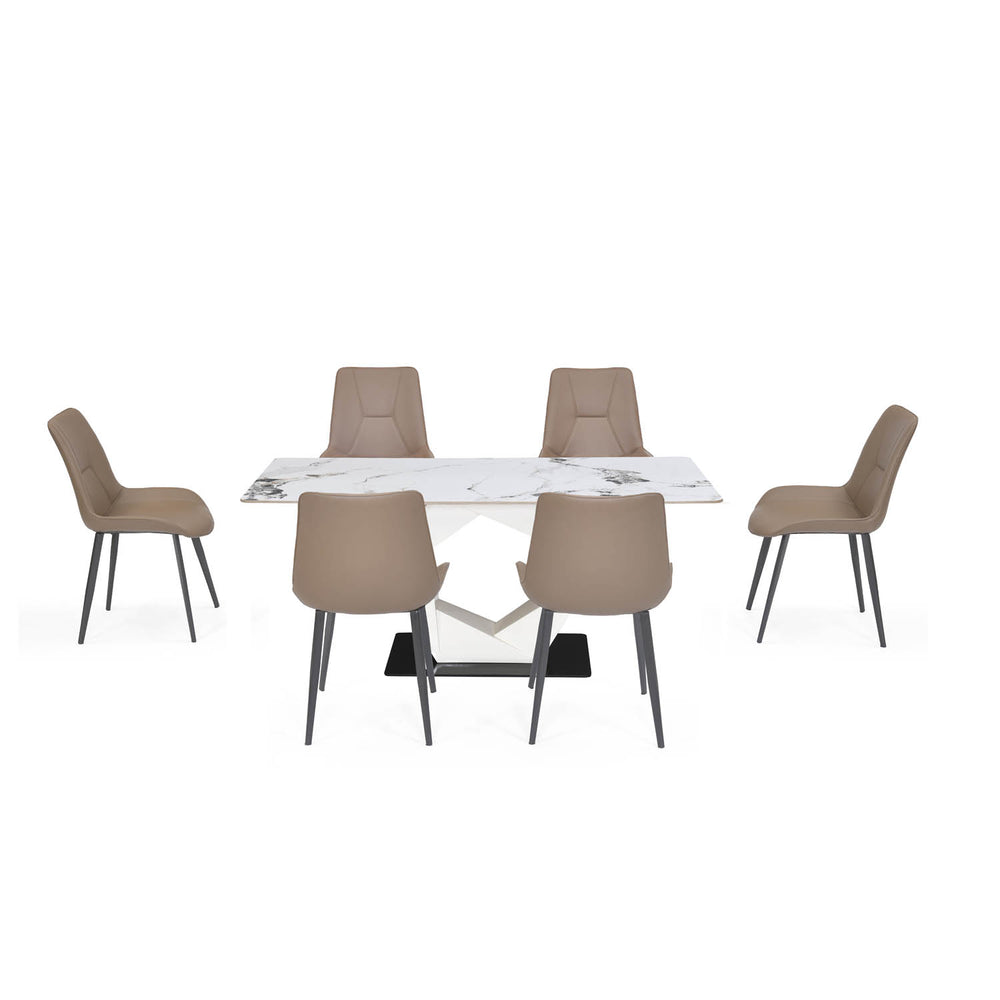 6 Seater Alune Ceramic Dining Set with Hexin Base and Nivo Chairs- Ash White