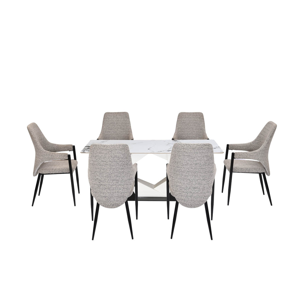 6 Seater Alune Ceramic Dining Set with Hexin Base and Tierra Chairs- Ash White