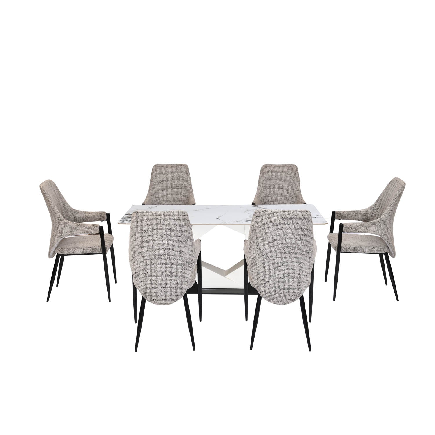 6 Seater Allune Ceramic Dining Set with Hexin Base and Tierra Chairs- Ash White