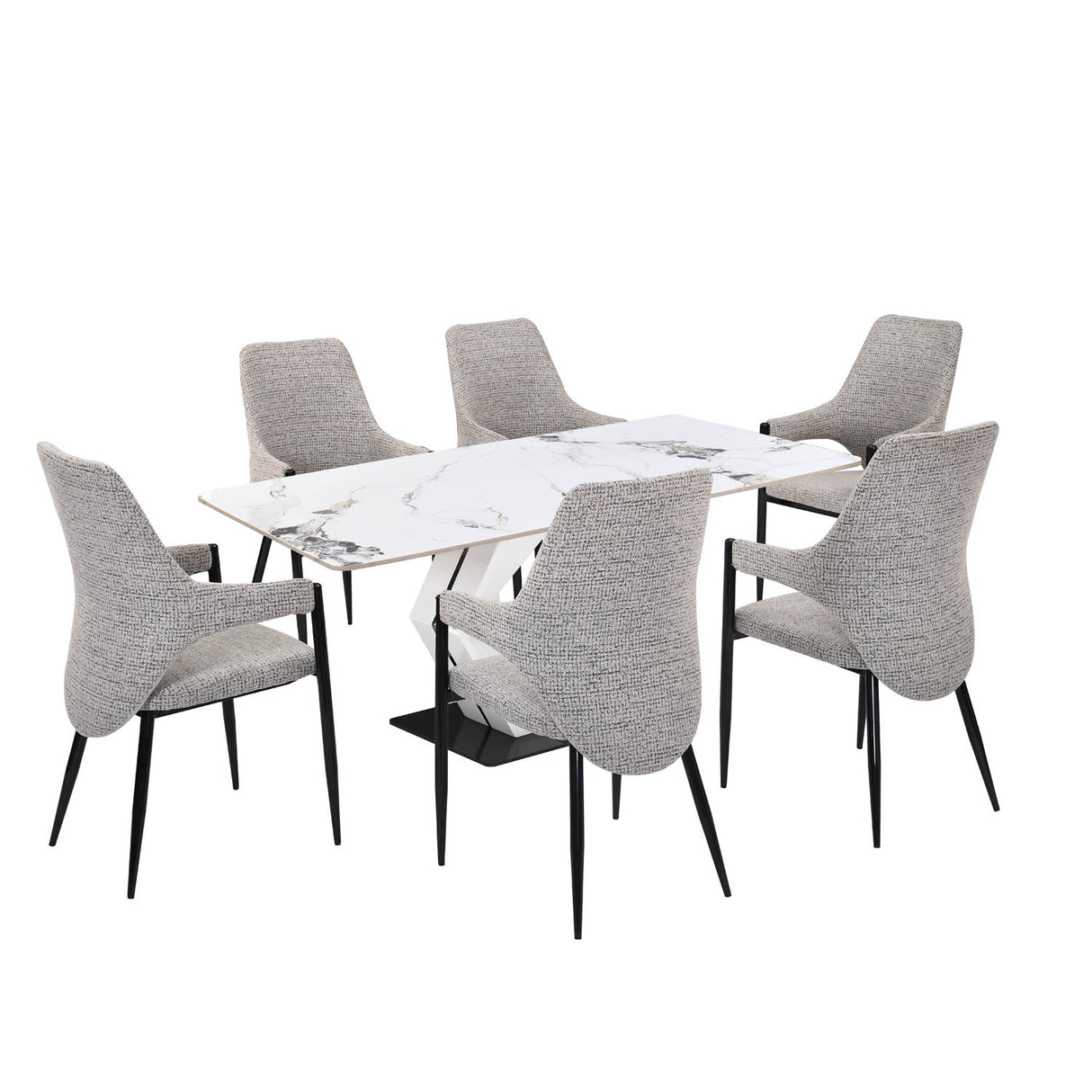 6 Seater Allune Ceramic Dining Set with Hexin Base and Tierra Chairs- Ash White