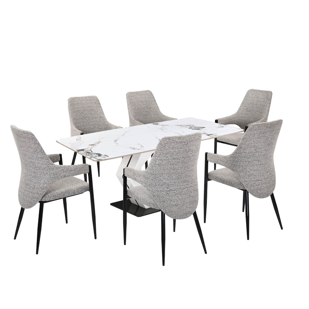 6 Seater Alune Ceramic Dining Set with Hexin Base and Tierra Chairs- Ash White