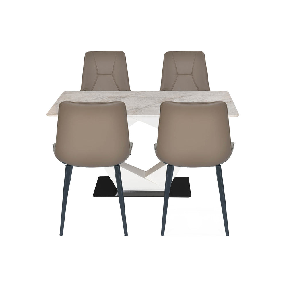 4 Seater Bevon Ceramic Dining Set with Hexin Base and Nivo Chairs- Cloud Beige