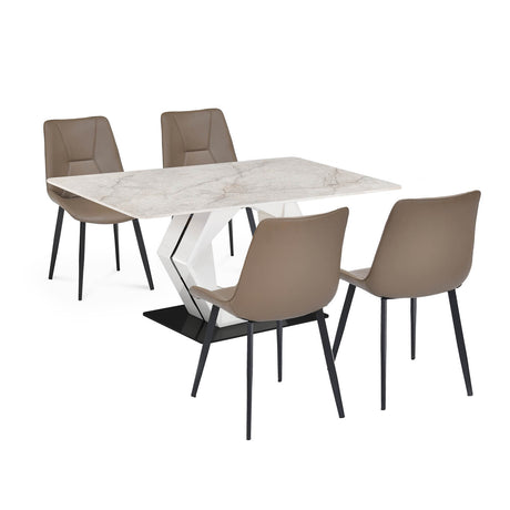 4 Seater Bevon Ceramic Dining Set with Hexin Base and Nivo Chairs- Cloud Beige