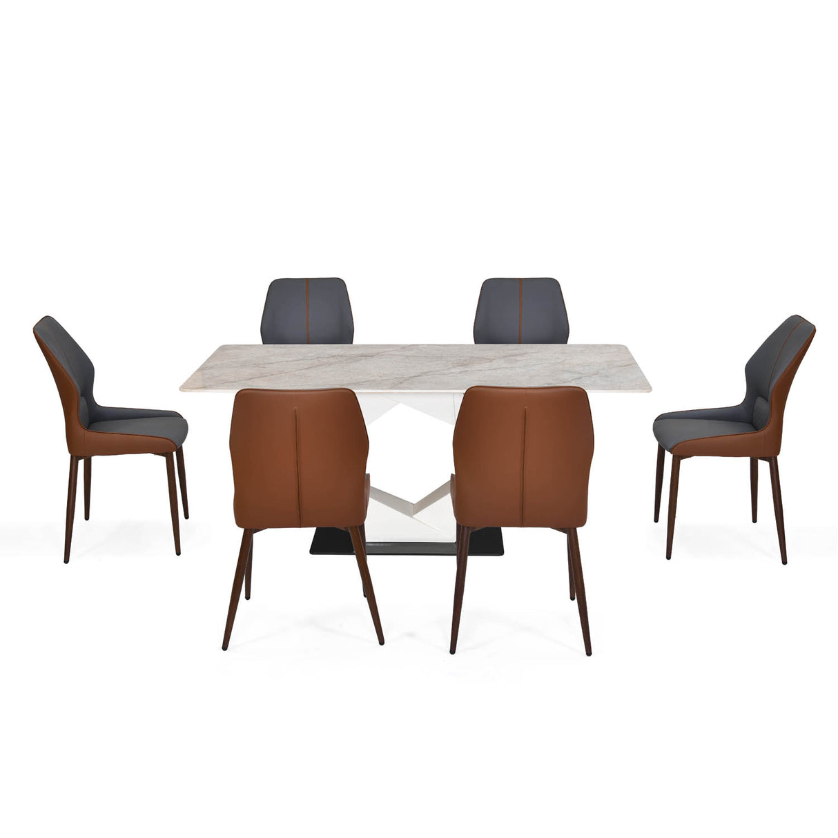 6 Seater Bevon Ceramic Dining Set with Hexin Base and Ellipse Chairs- Cloud Beige