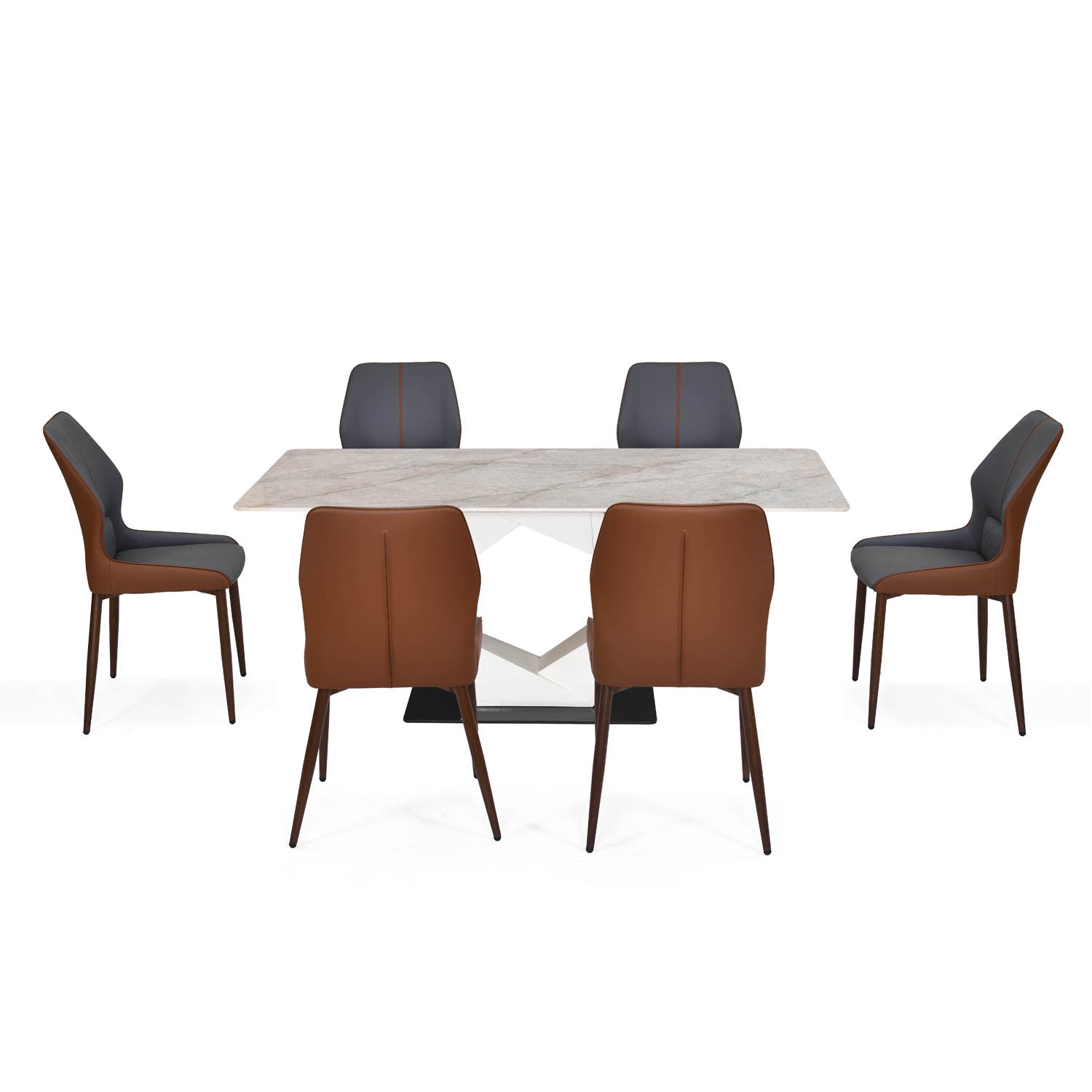 6 Seater Bevon Ceramic Dining Set with Hexin Base and Ellipse Chairs- Cloud Beige