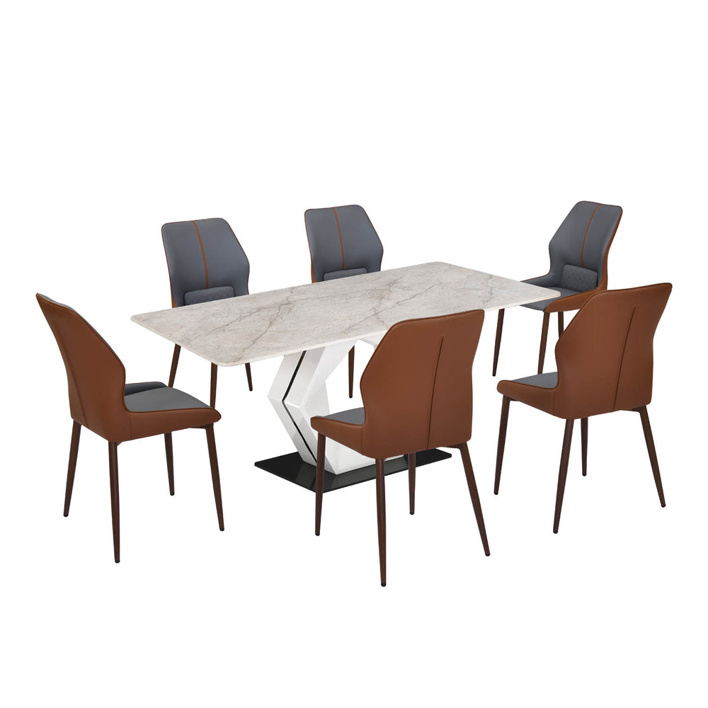 6 Seater Bevon Ceramic Dining Set with Hexin Base and Ellipse Chairs- Cloud Beige