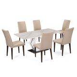 6 Seater Bevon Ceramic Dining Set with Hexin Base and Linzy Chairs- Cloud Beige