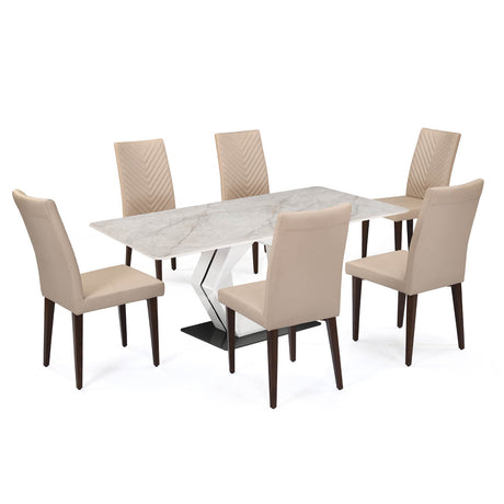 6 Seater Bevon Ceramic Dining Set with Hexin Base and Linzy Chairs- Cloud Beige