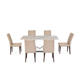 6 Seater Bevon Ceramic Dining Set with Hexin Base and Linzy Chairs- Cloud Beige
