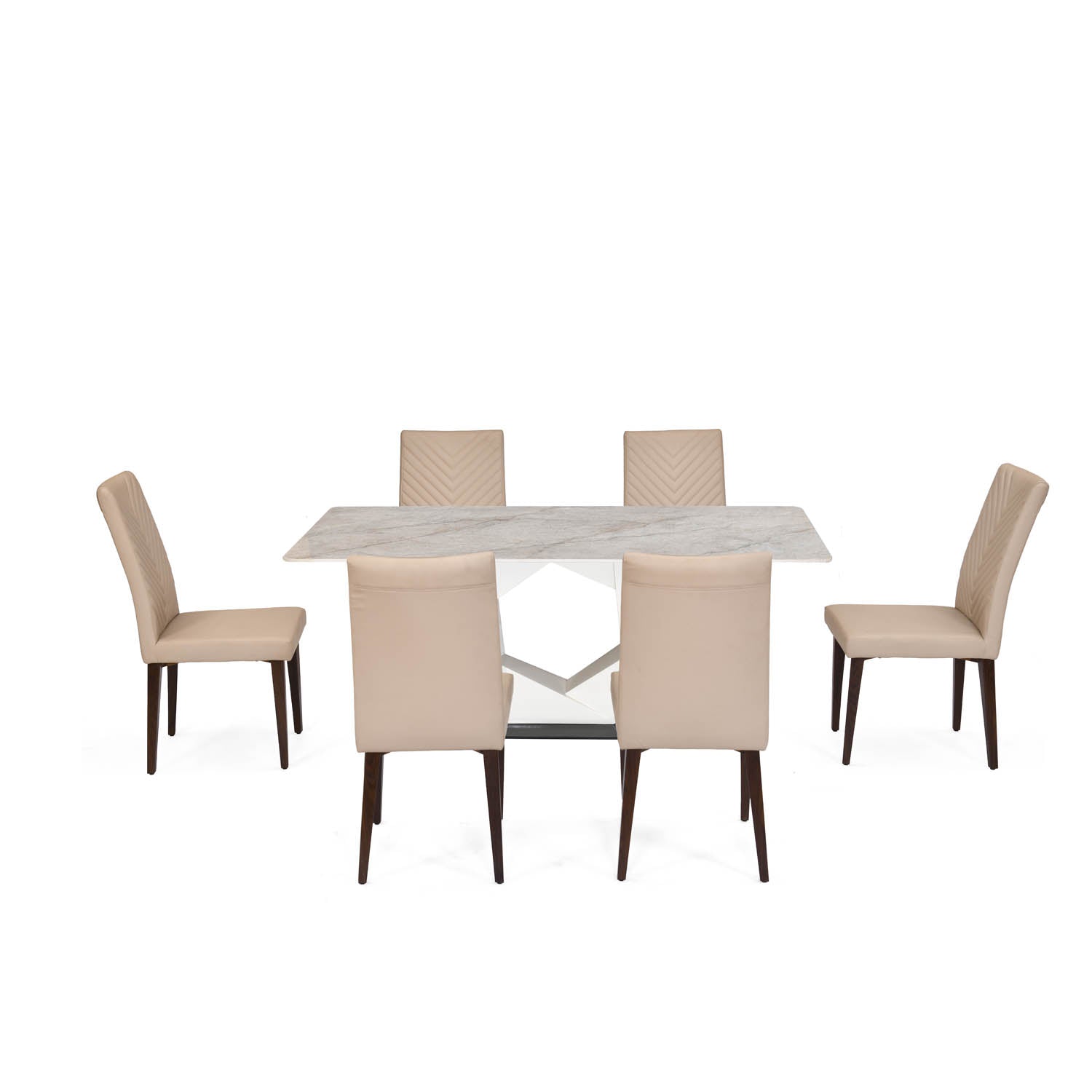 6 Seater Bevon Ceramic Dining Set with Hexin Base and Linzy Chairs- Cloud Beige