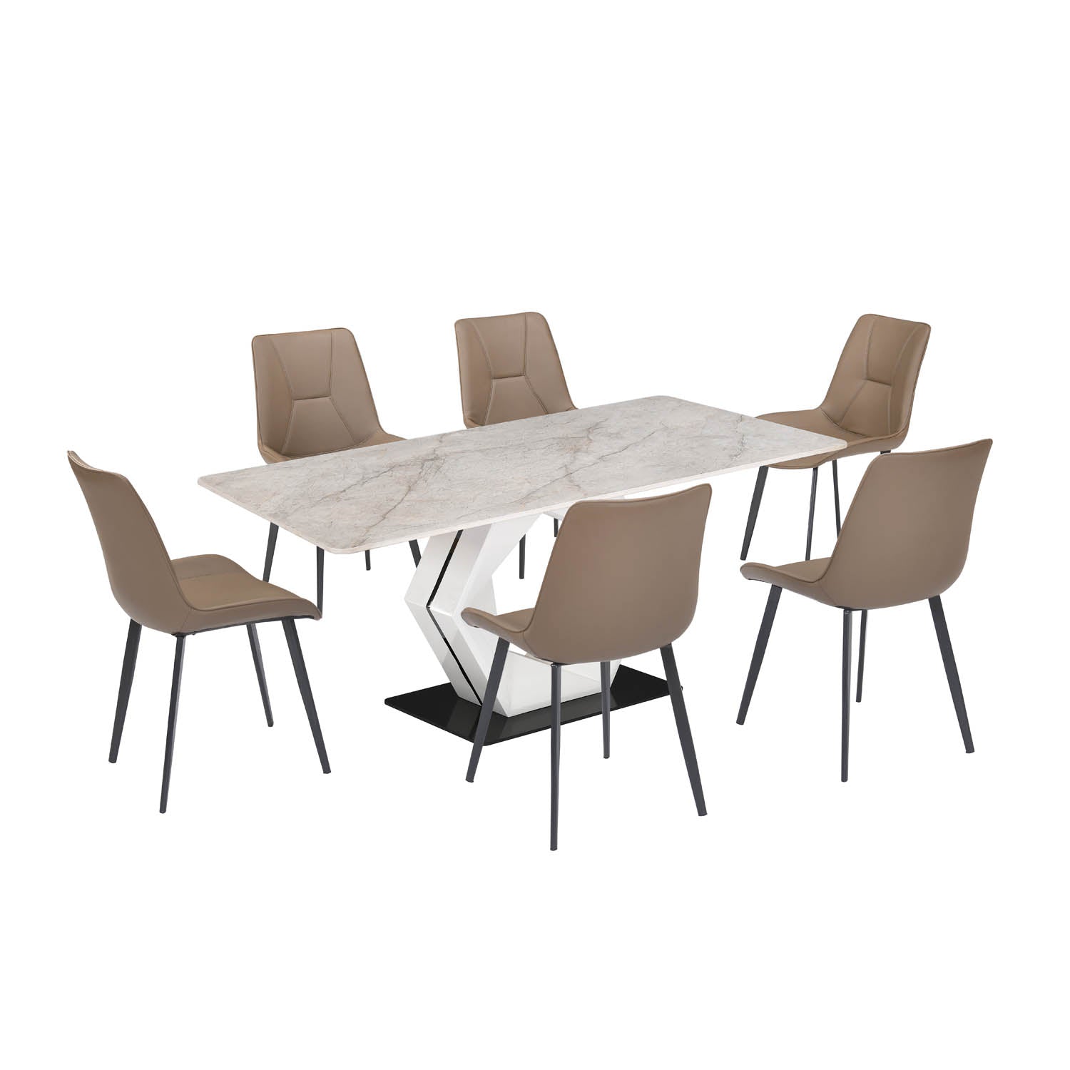 6 Seater Bevon Ceramic Dining Set with Hexin Base and Nivo Chairs- Cloud Beige