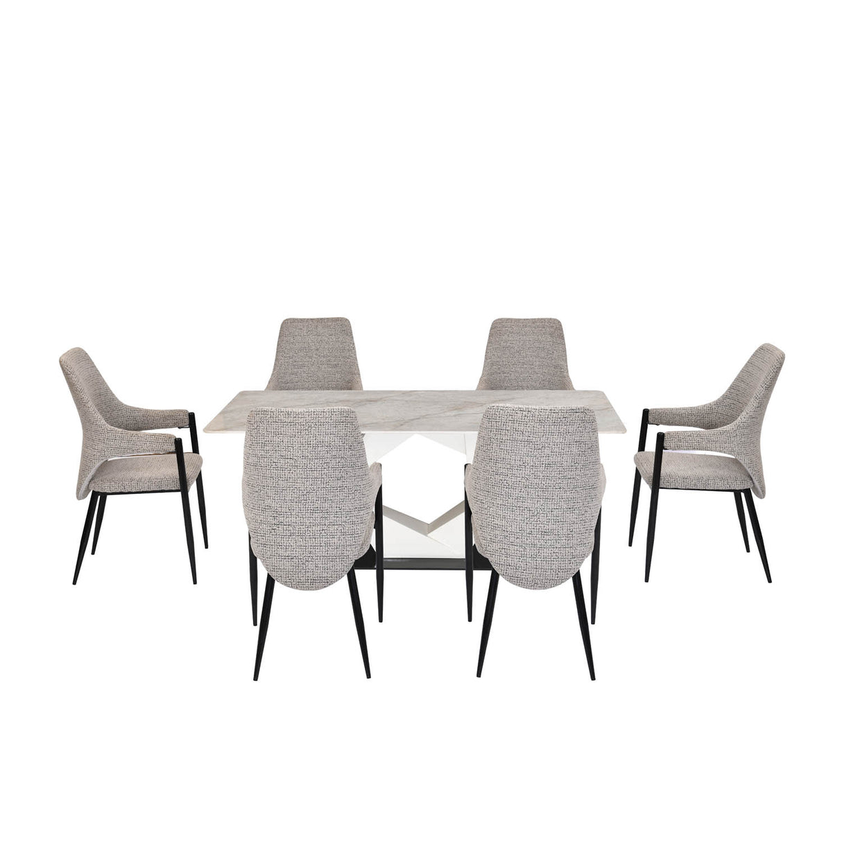 6 Seater Bevon Ceramic Dining Set with Hexin Base and Tierra Chairs- Cloud Beige