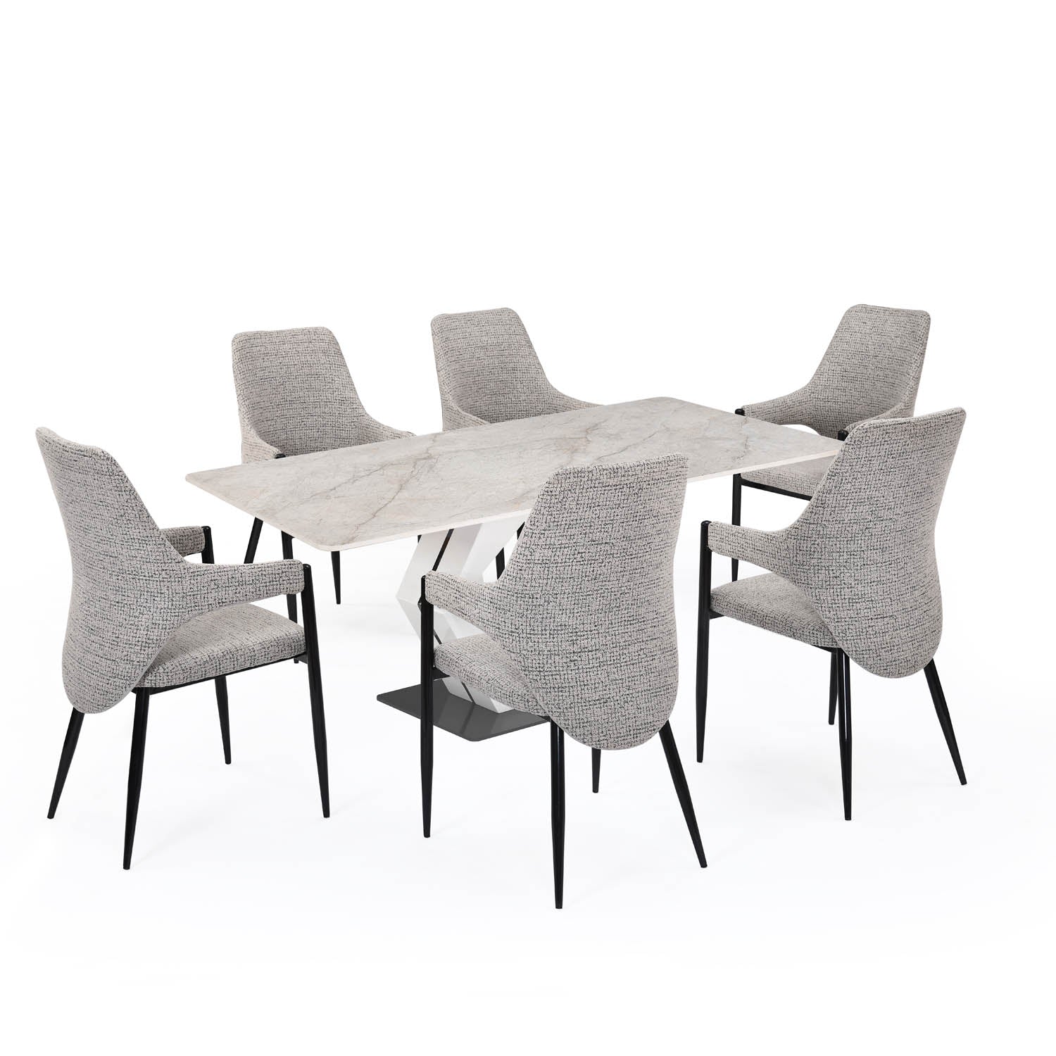 6 Seater Bevon Ceramic Dining Set with Hexin Base and Tierra Chairs- Cloud Beige