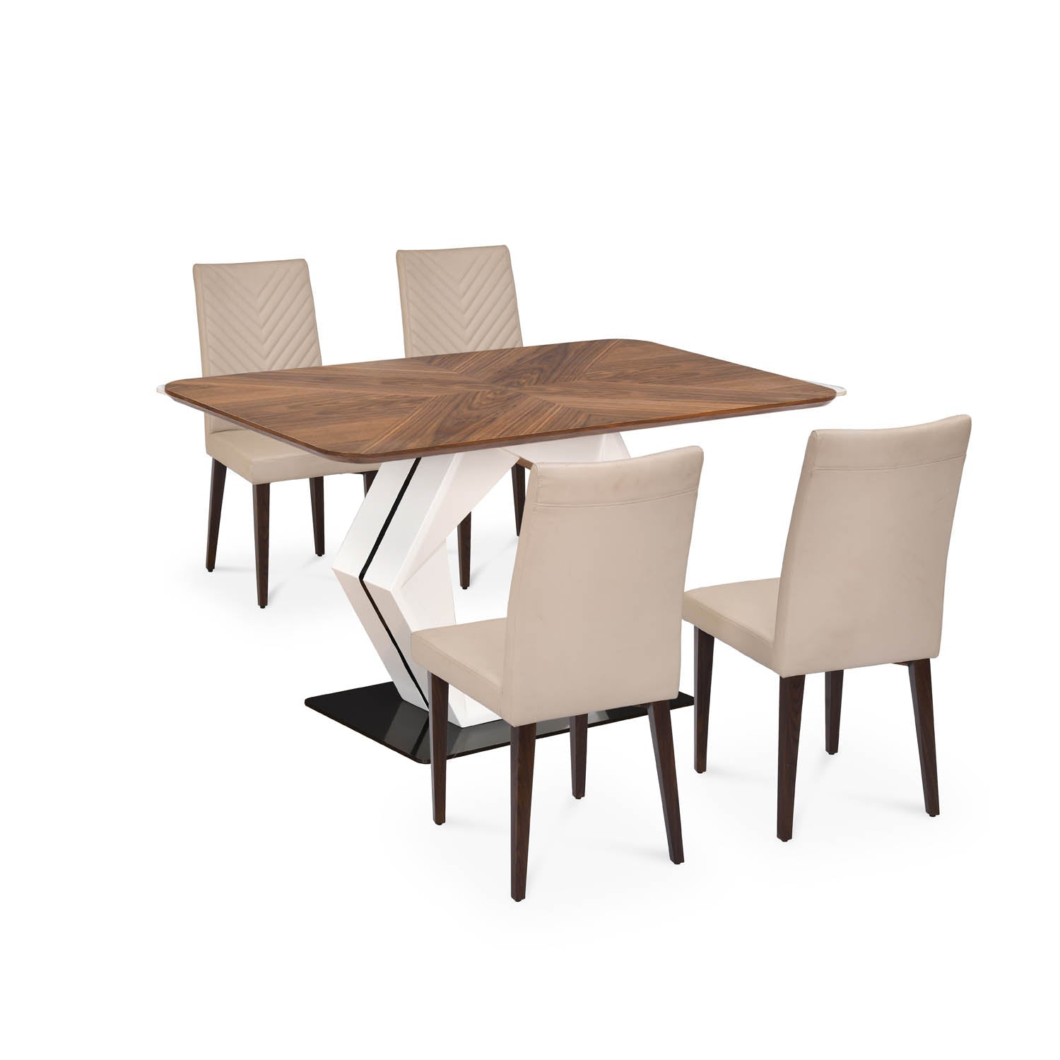 4 Seater Parquel Wooden Dining Set with Hexin Base and Linzy Chairs- Walnut Brown