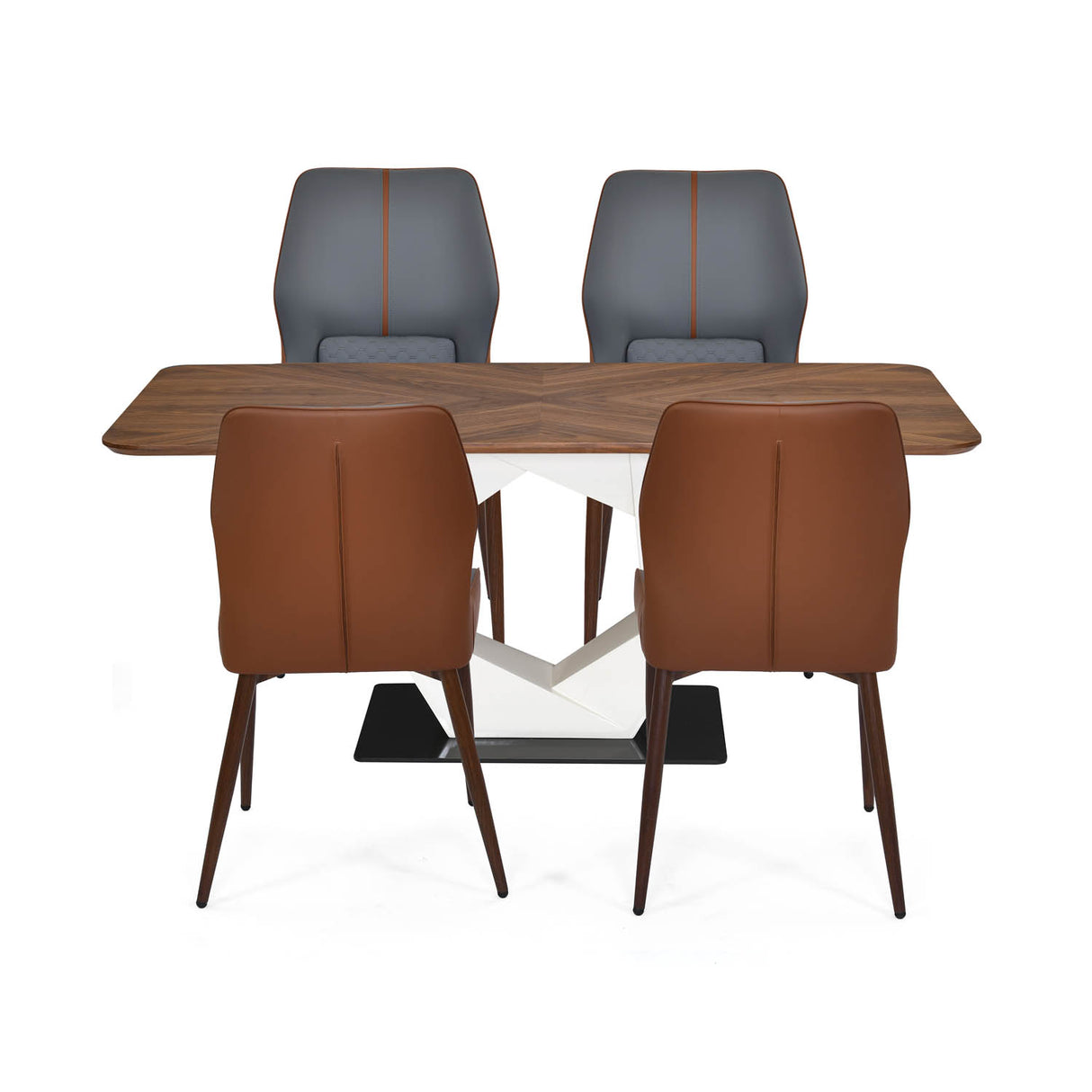 4 Seater Parquel Wooden Dining Set with Hexin Base and Ellipse Chairs- Walnut Brown