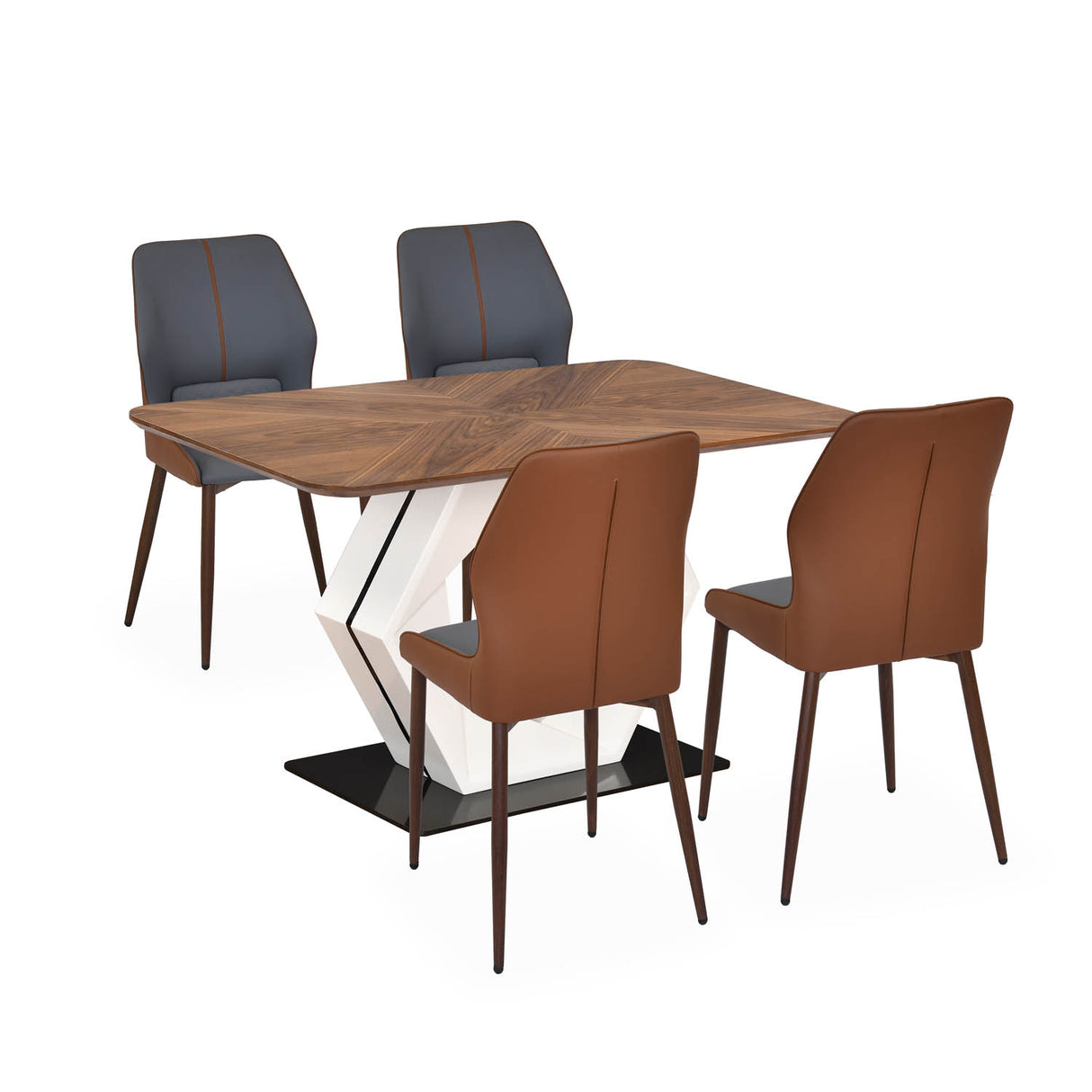 4 Seater Parquel Wooden Dining Set with Hexin Base and Ellipse Chairs- Walnut Brown
